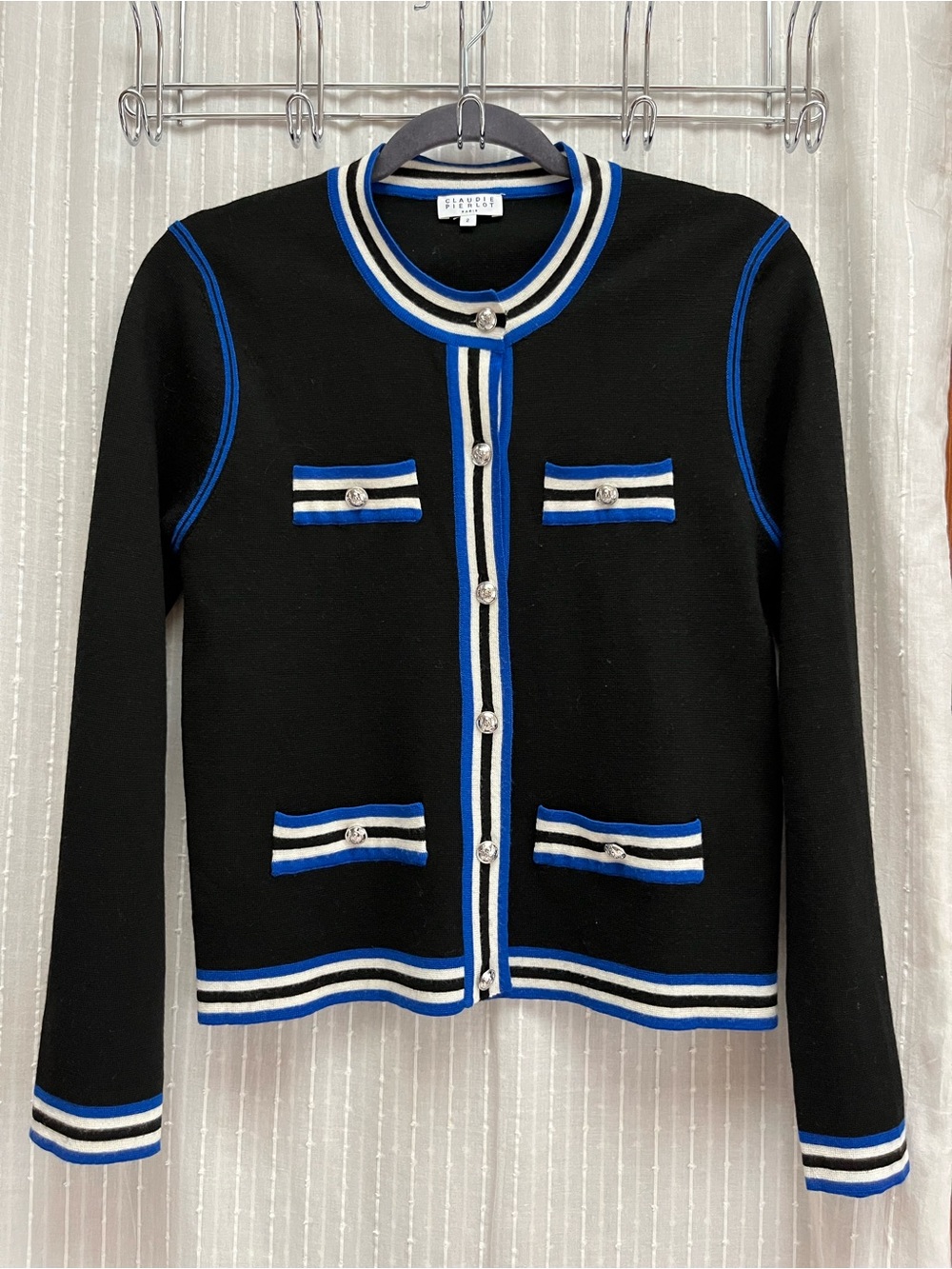 Claudie Pierlot Meonie Contrast Knit Cardigan Sweater Jacket Black Blue Sz 2